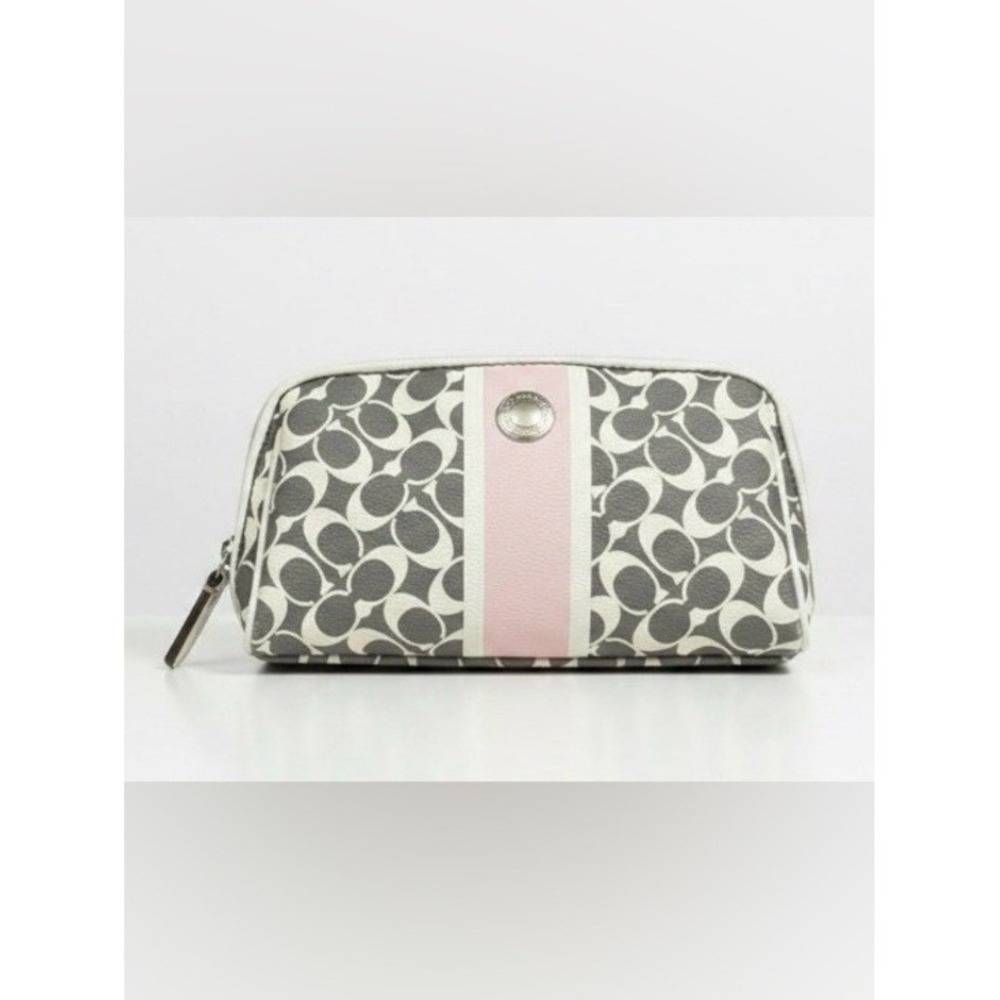 Coach Heritage Stripe Signature Cosmetic Bag Pouch Grey Pink